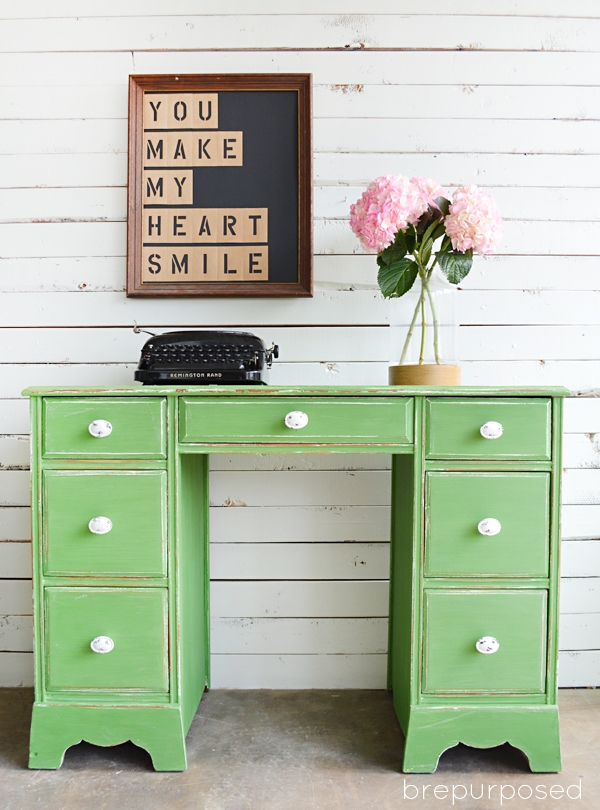 Desk Makeover with green Milk Paint - Brepurposed @ girlinthegarage.net