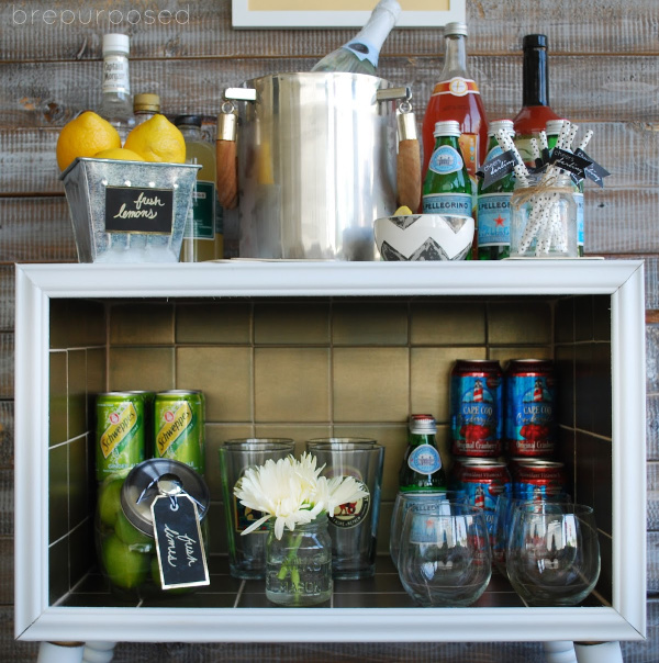 Inside of Gold Tiled Bar Cart