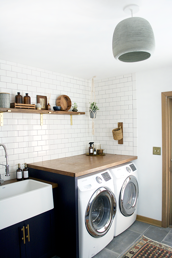 butcher block counters in a modern laundry room