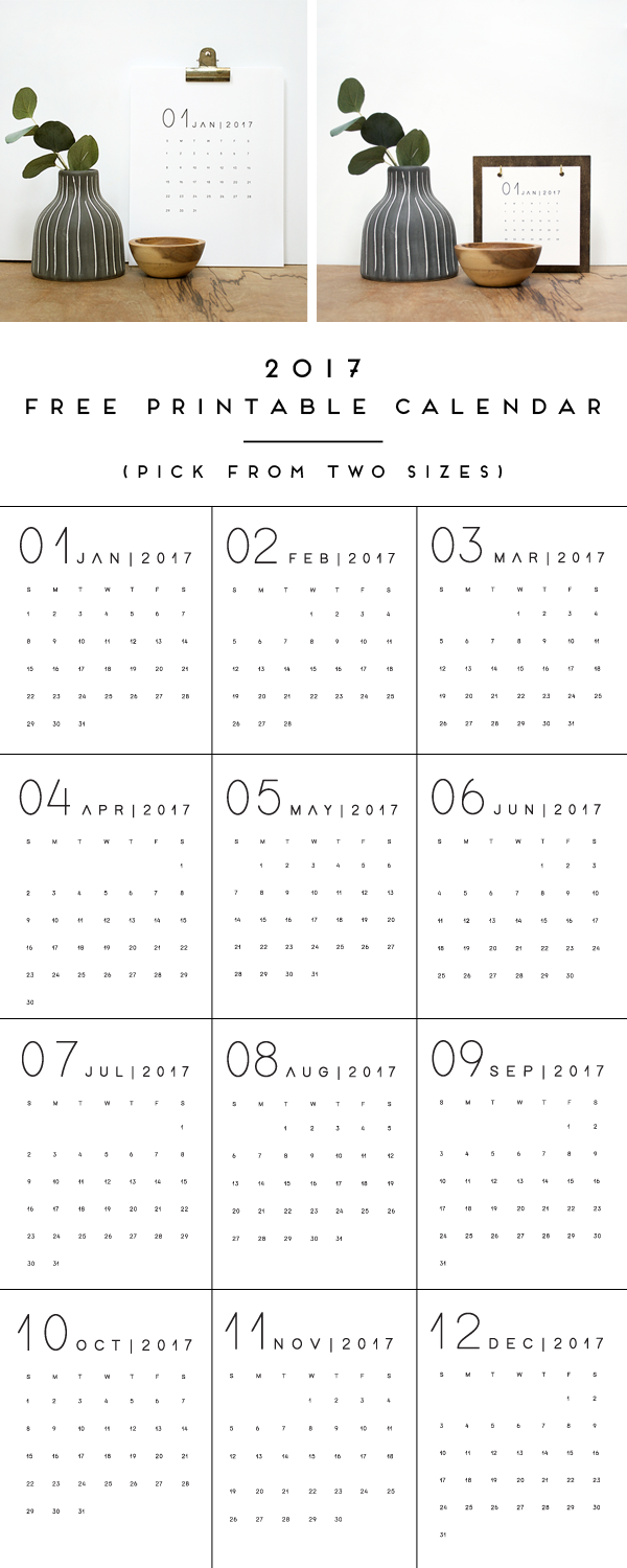 Choose from TWO sizes of this 2017 FREE Printable Calendar that's modern and simple!