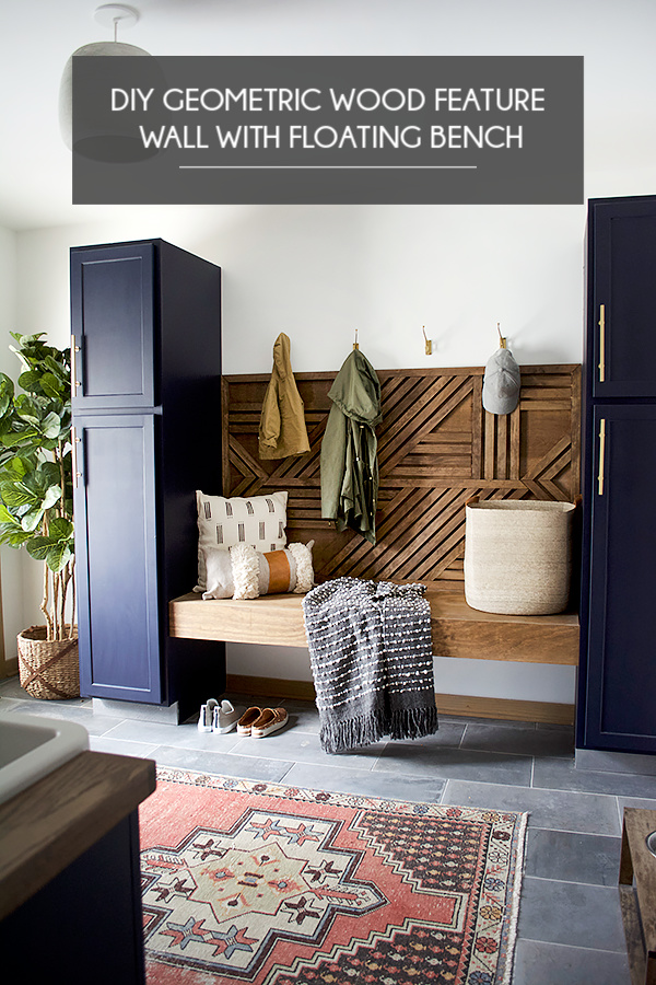 DIY Geometric Wood Feature Wall With Floating Bench