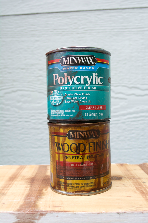 Stain and polycrylic used on wooden ladder shelf