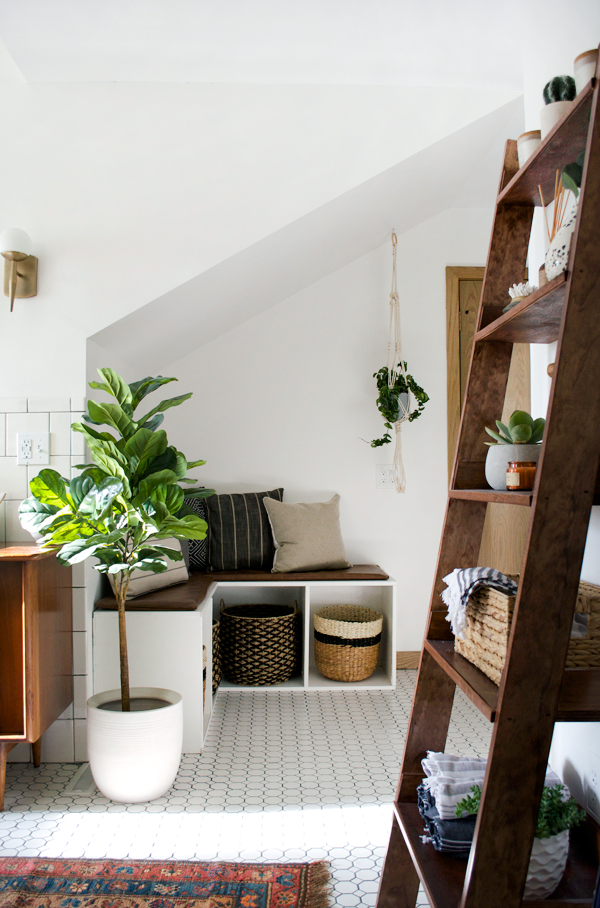 faux fiddle leaf fig in a modern vintage bathroom