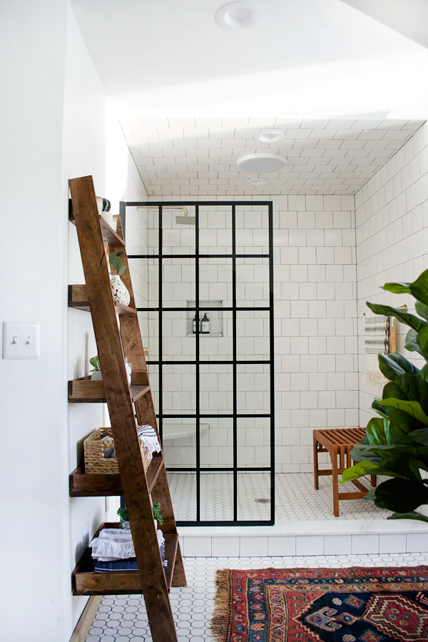 black steel frame shower panel in bathroom