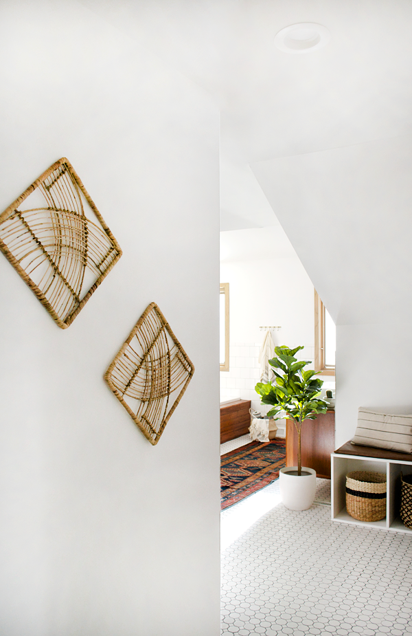 Modern vintage bathroom entrance with vintage rug