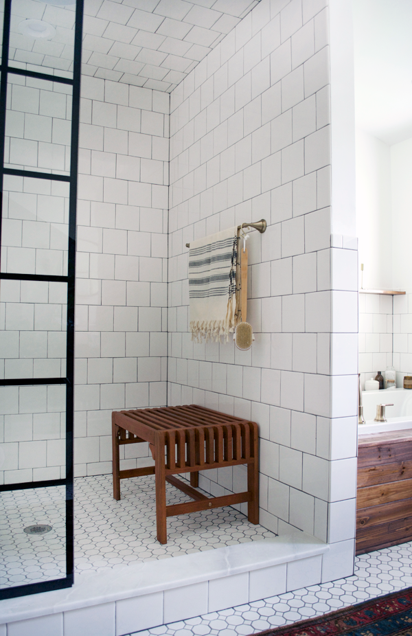 modern wood bench in shower