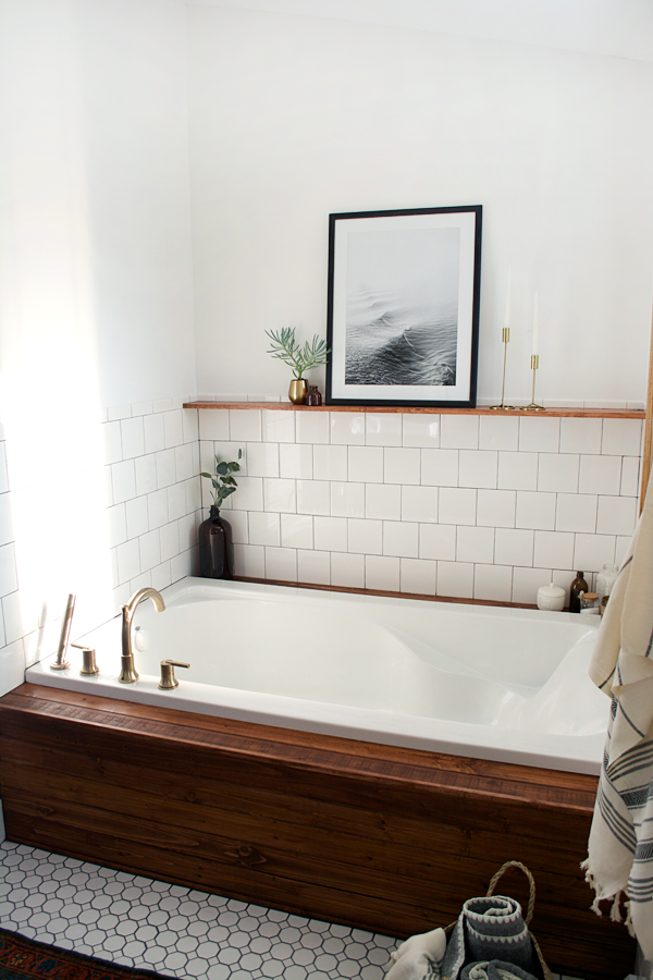 floating wood shelf above a bathtub brepurposed