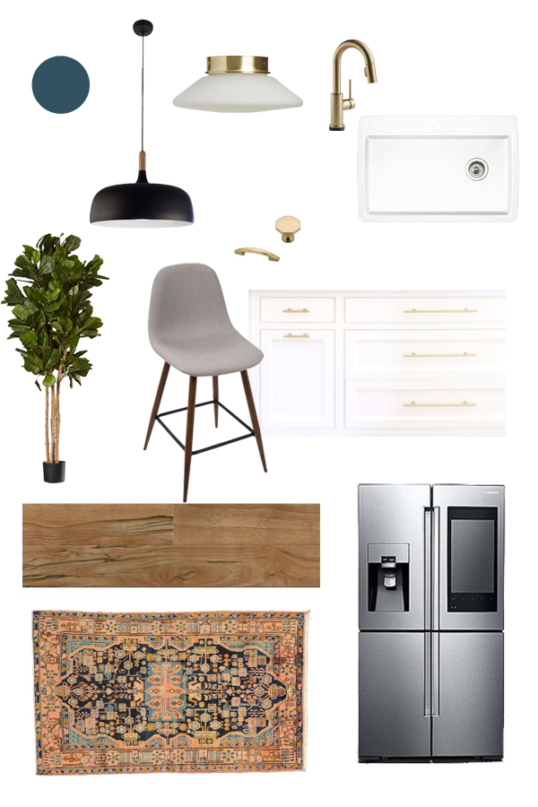 mood board for a white and brass kitchen