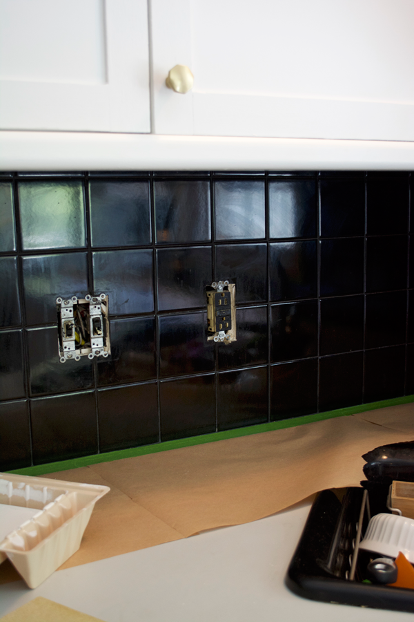 black tile backsplash that gets painted white