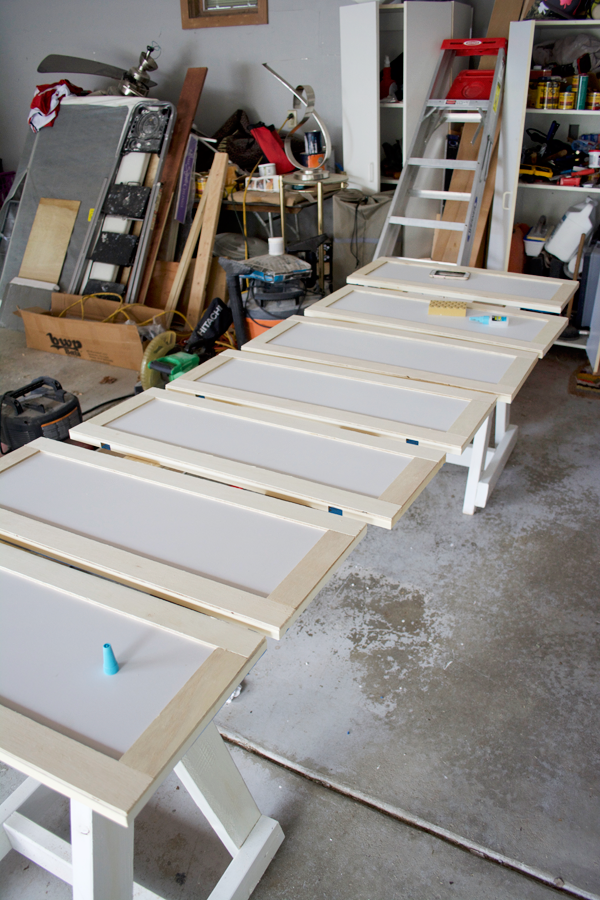 glue strips of plywood to your cabinets for a shaker style look