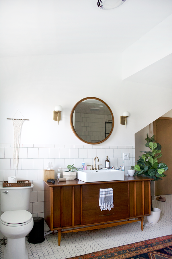 vintage credenza in the bathroom