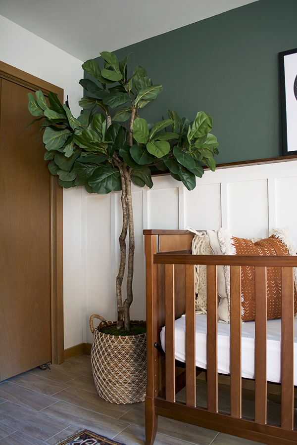 faux fiddle leaf fig in a modern vintage nursery