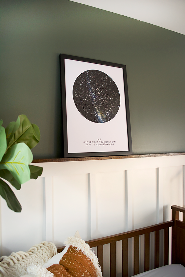 night sky print above a crib in a modern boy nursery