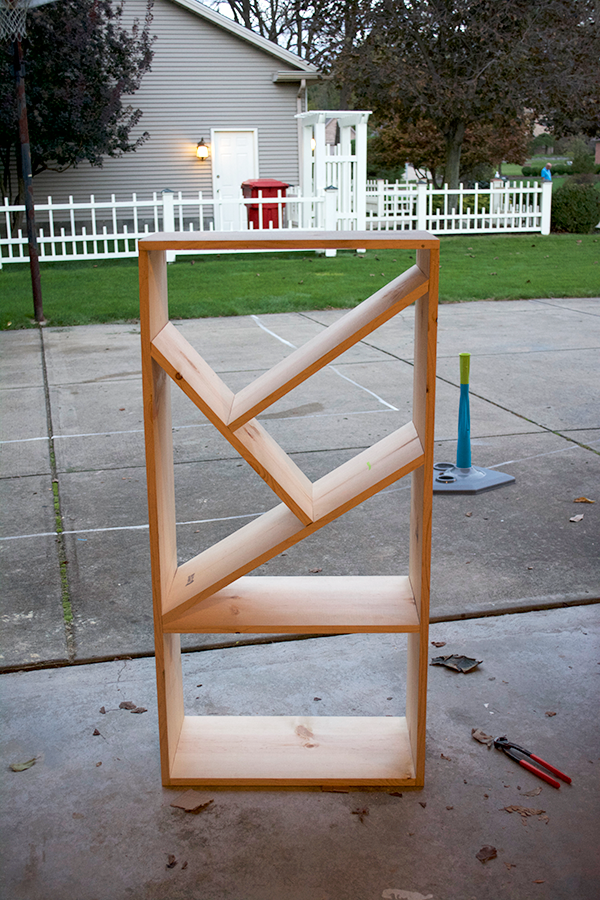 bookshelf, modern bookcase, angled shelves