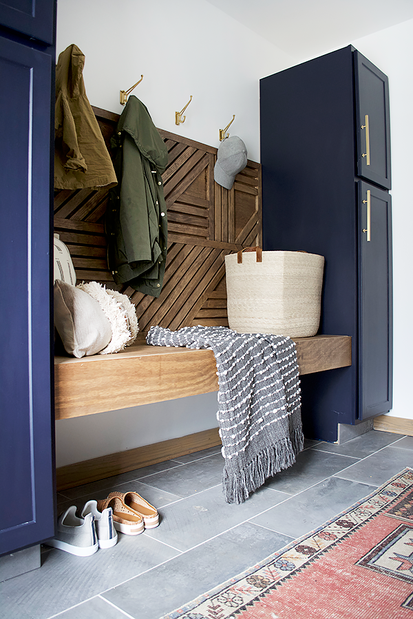 diy floating bench in a mud room