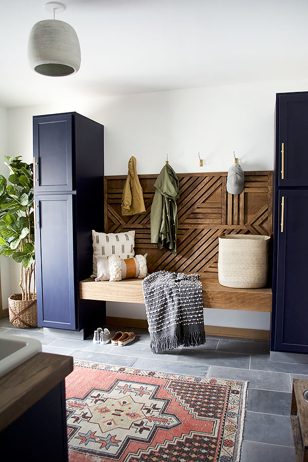 wood feature wall, mud room, drop zone