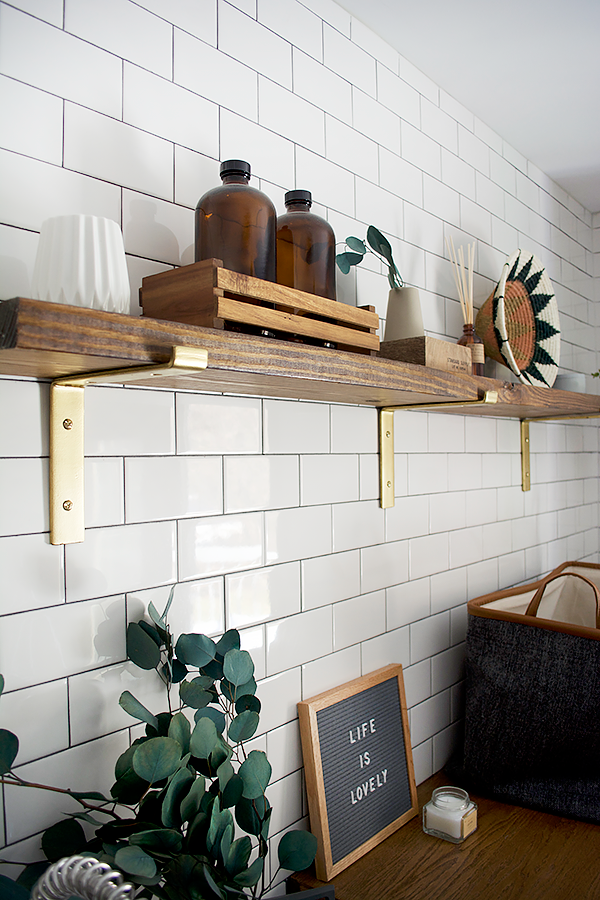 open shelving in a laundry room