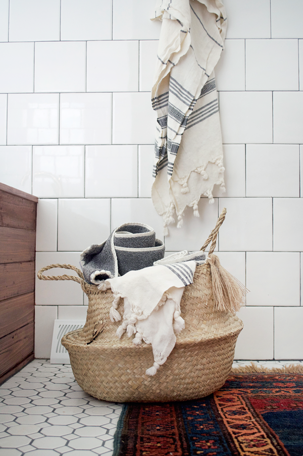 burlap tassels on a belly basket