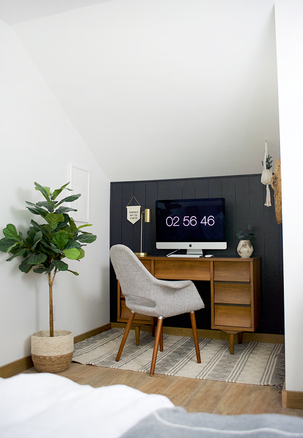 Modern Boho Office Space with a DIY Dark Vertical Shiplap Wall