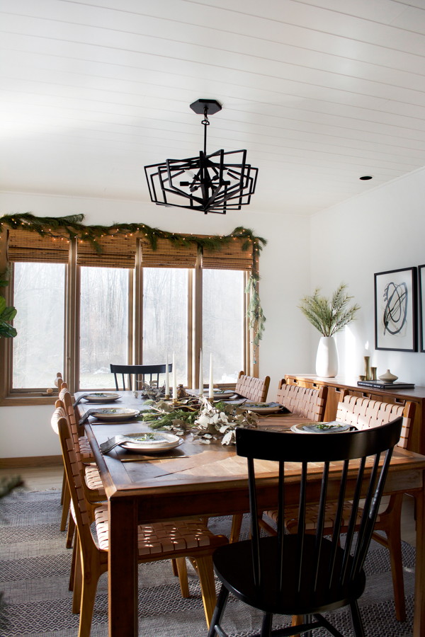 Green white and brown christmas dining room