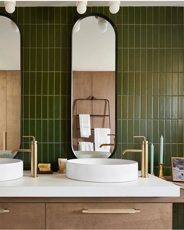 Green Tile Stacked Vertically in Bathroom