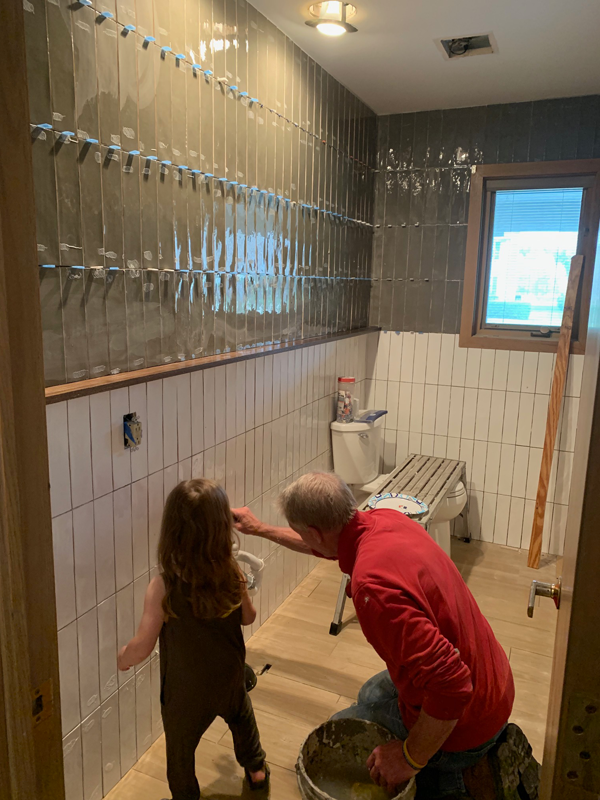 Color block tile in a half bath