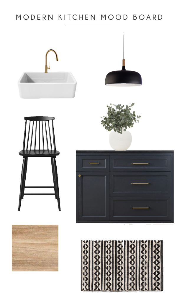 Modern Kitchen Mood Board with Dark Blue Cabinets