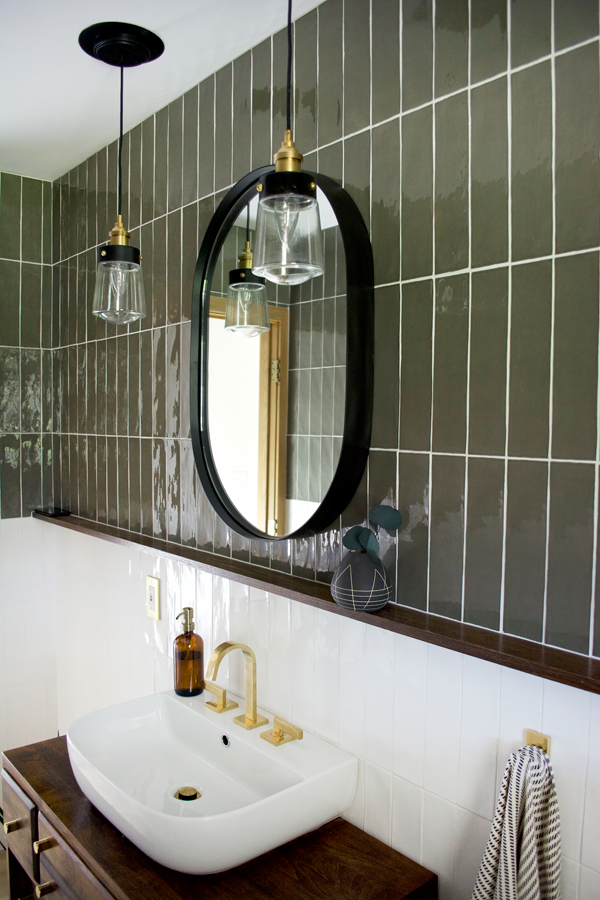 Black and Brass Hanging Pendant Lights in Bathroom