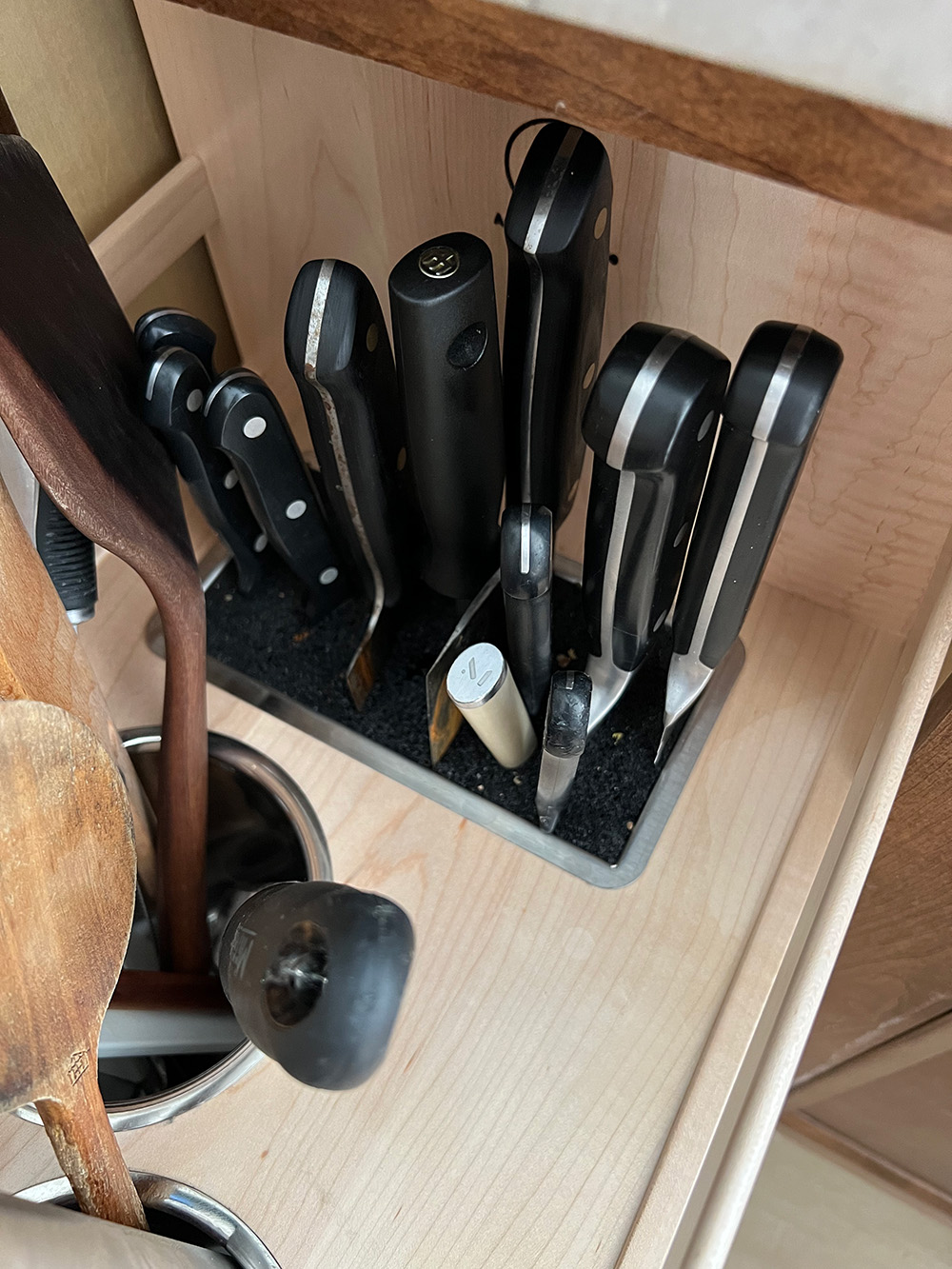 Knife Block Pull Out in Utensil Cabinet