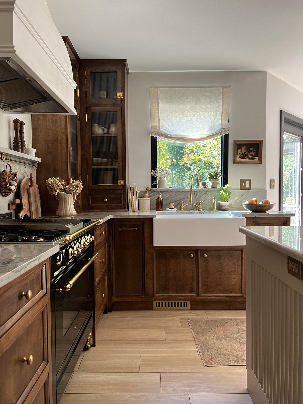Relaxed Roman Shade in Kitchen with Wood Cabinets