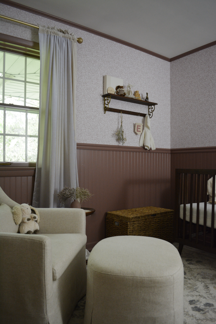 Vintage Inspired Girls Nursery with Wallpaper and Beadboard