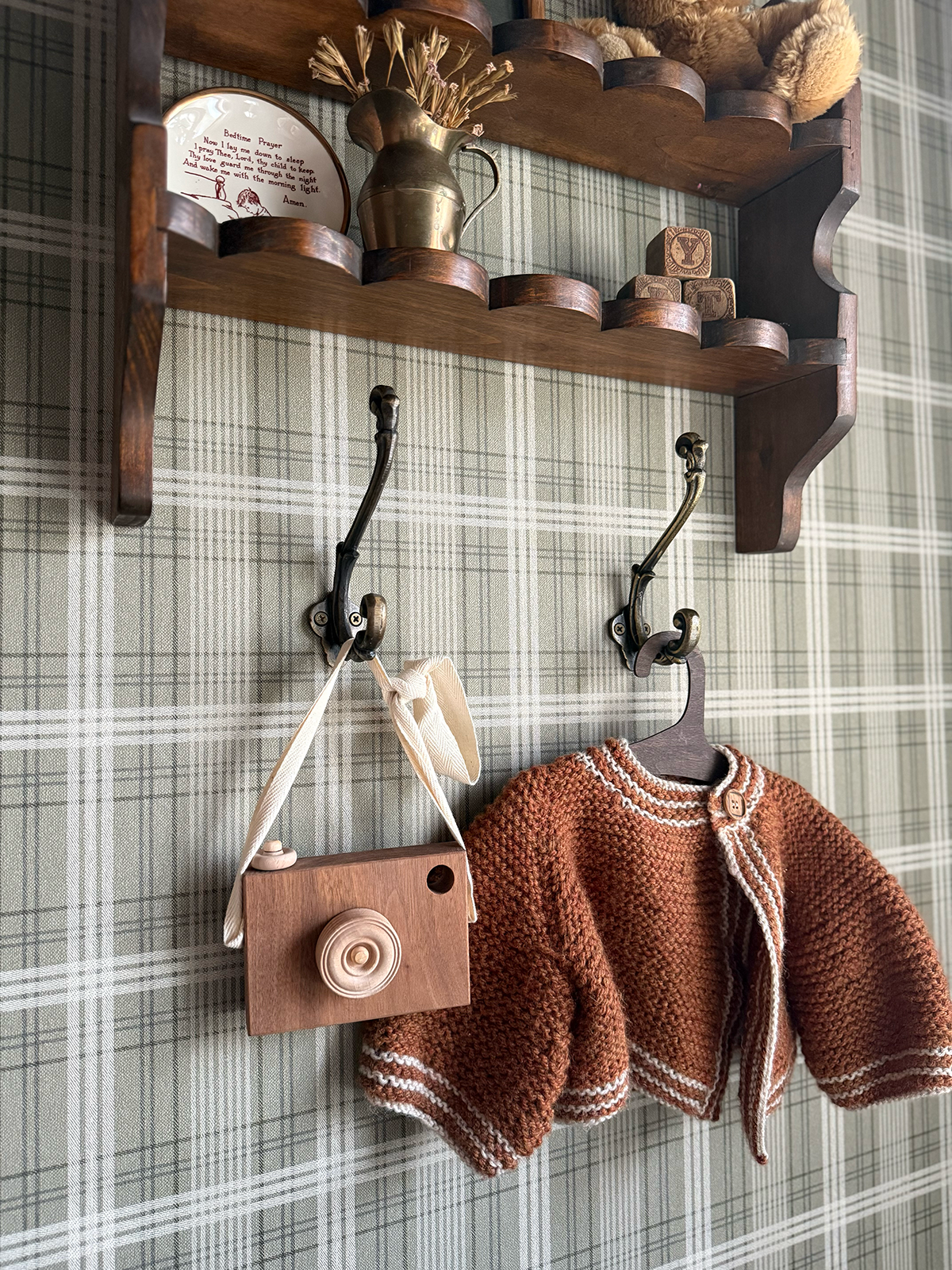 baby boy's nursery, handmade sweater for baby and wooden toy camera for baby