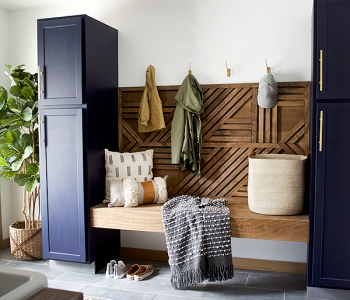 wood feature wall, mud room, drop zone